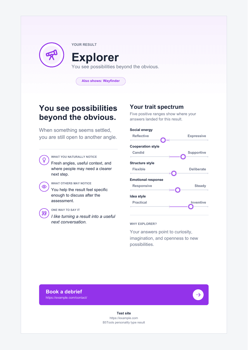 Sample branded B5Tools PDF report with trait spectrum and a consultation link